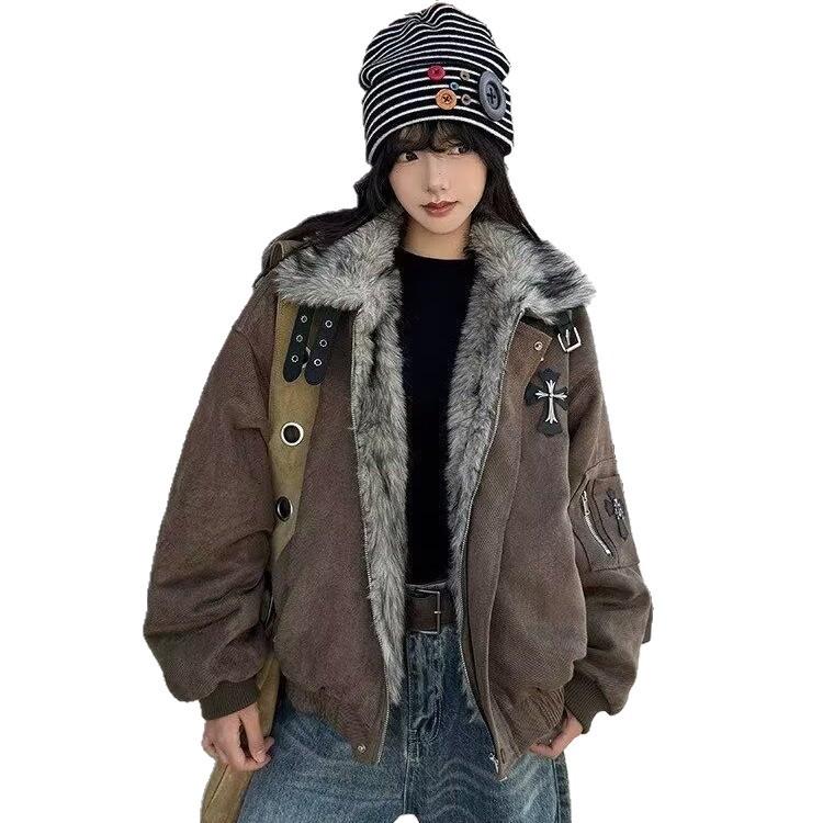 Women's American Retro Stand Collar Faux Fur Eagle Cotton Jacket