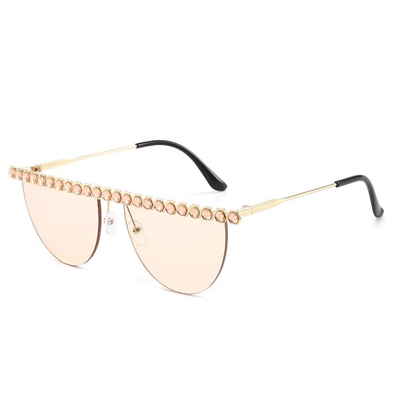 New European and American frameless semi-round sunglasses with diamonds trendy metal sunglasses women's personalized fashion sunglasses