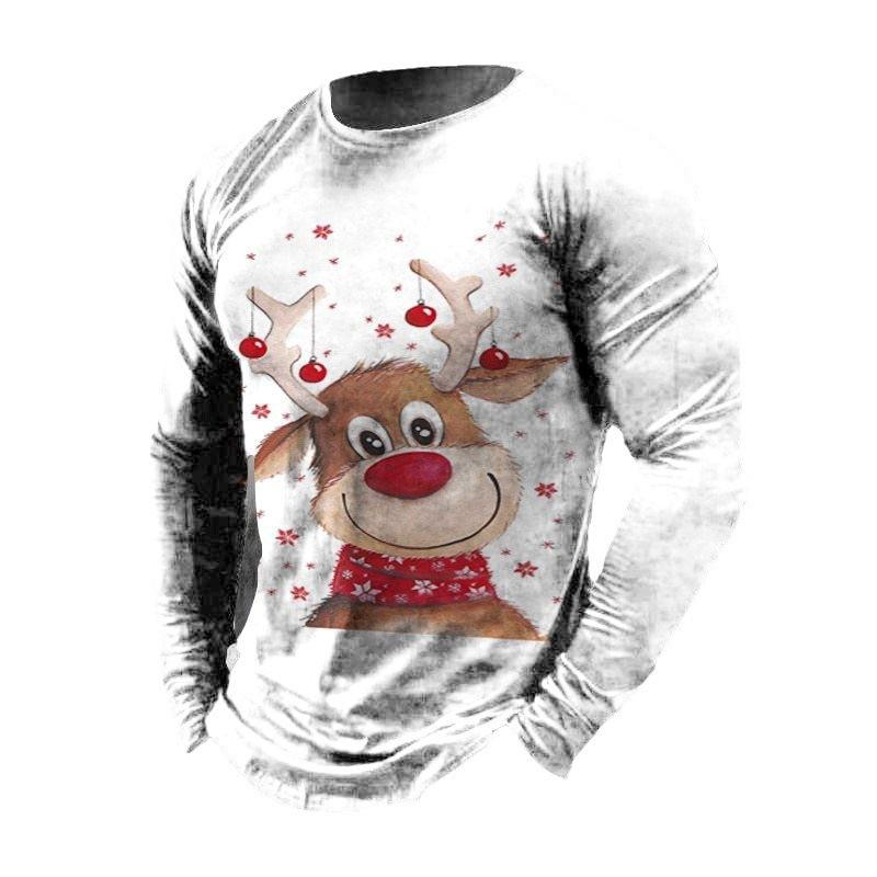 Round Neck 3D Christmas Printed Top Casual Long Sleeved Men's T-shirts - Soft Medium Stretch Polyester Fabric Spring and Autumn Relaxed Fit Clothing