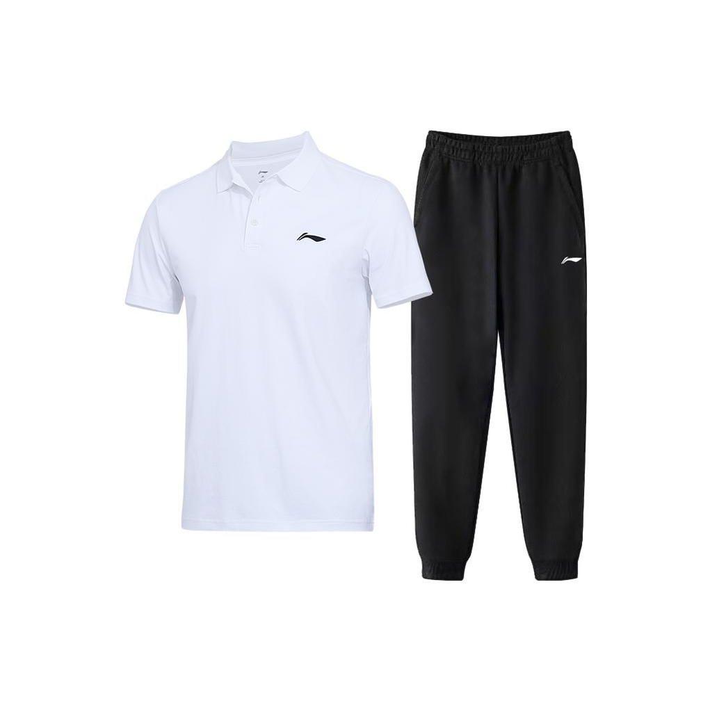 Li Ning Solid Color Logo Pullover Short Sleeve Polo Shirt Mid Waist Straight Leg Cuffed Casual Sports Suit Men suits AKLT649-1+APLT181-2