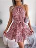 O Neck Printed Dress High Waist Elegant Flounce Dress for Women Sleeveless Loose Dresses Causal Dress