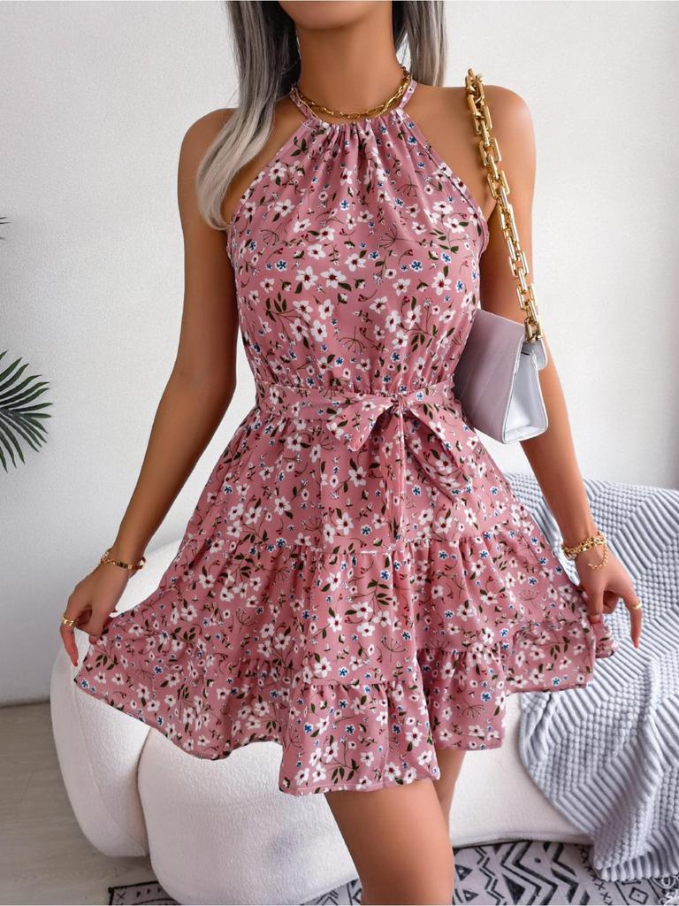 O Neck Printed Dress High Waist Elegant Flounce Dress for Women Sleeveless Loose Dresses Causal Dress