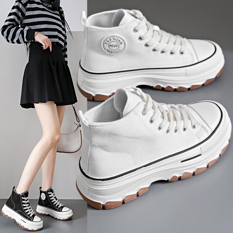 Spring Women High Top Sneakers Lace-Up Casual Plarform Height Canvas Non-slip Wear Resistant Female Vulcanize Shoes fashion