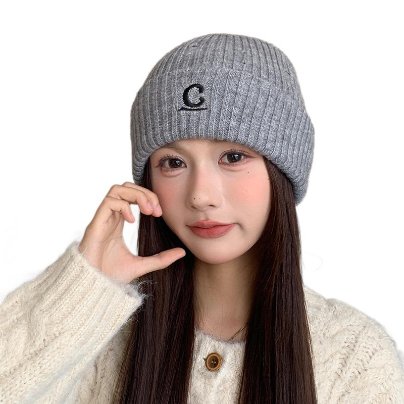 Letter Embroidered Knitted Hat for Women in Autumn and Winter Large Head Circumference Woolen Hat Thickened Warm Ear Protection Pullover Cold Hat