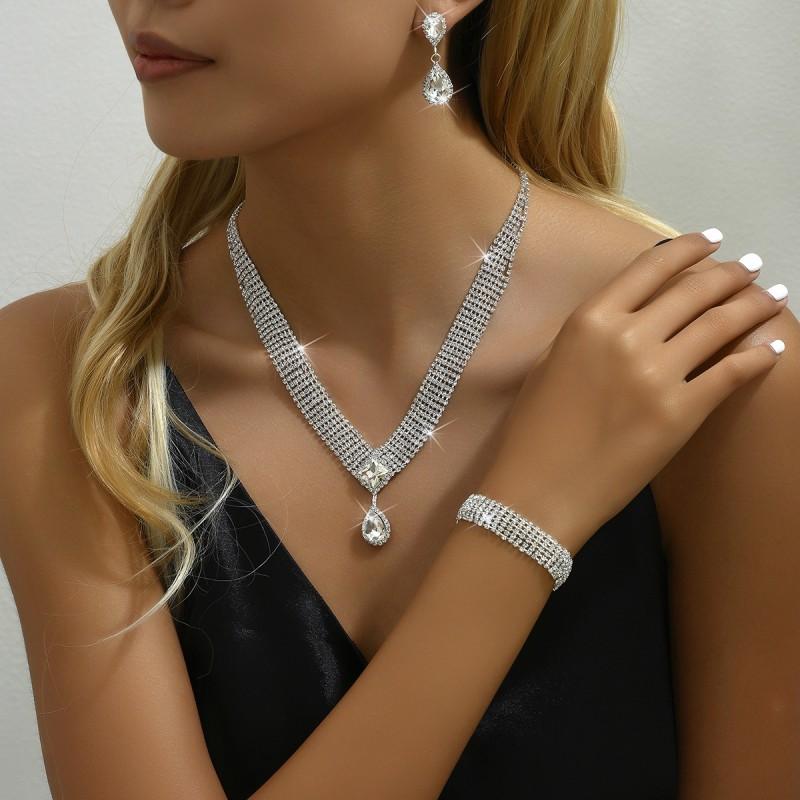 Waterdrop Crystal Pendant Necklace Set With Earrings Bracelet Women Formal Evening Wear