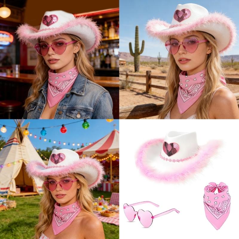 3Pcs Western Outfits Cowgirl Hat Bandana Western Cowboy Costume Accessories for Halloween Party Dressing Up Pretend Play