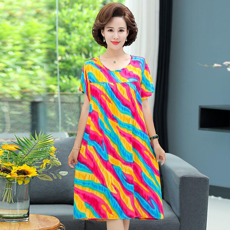 Mom summer dress medium and long pure cotton silk nightdress year-old new Chinese women's knee skirt
