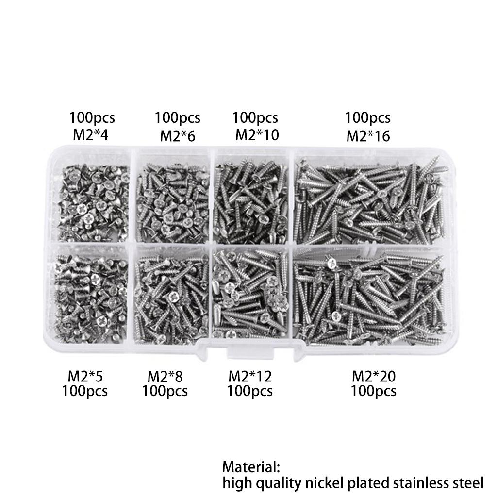 800Pcs M2 Self Tapping Screw for Cross Countersunk for Head Wood Screw Set 304 Stainless Steel Phillips Flat for Head Sc