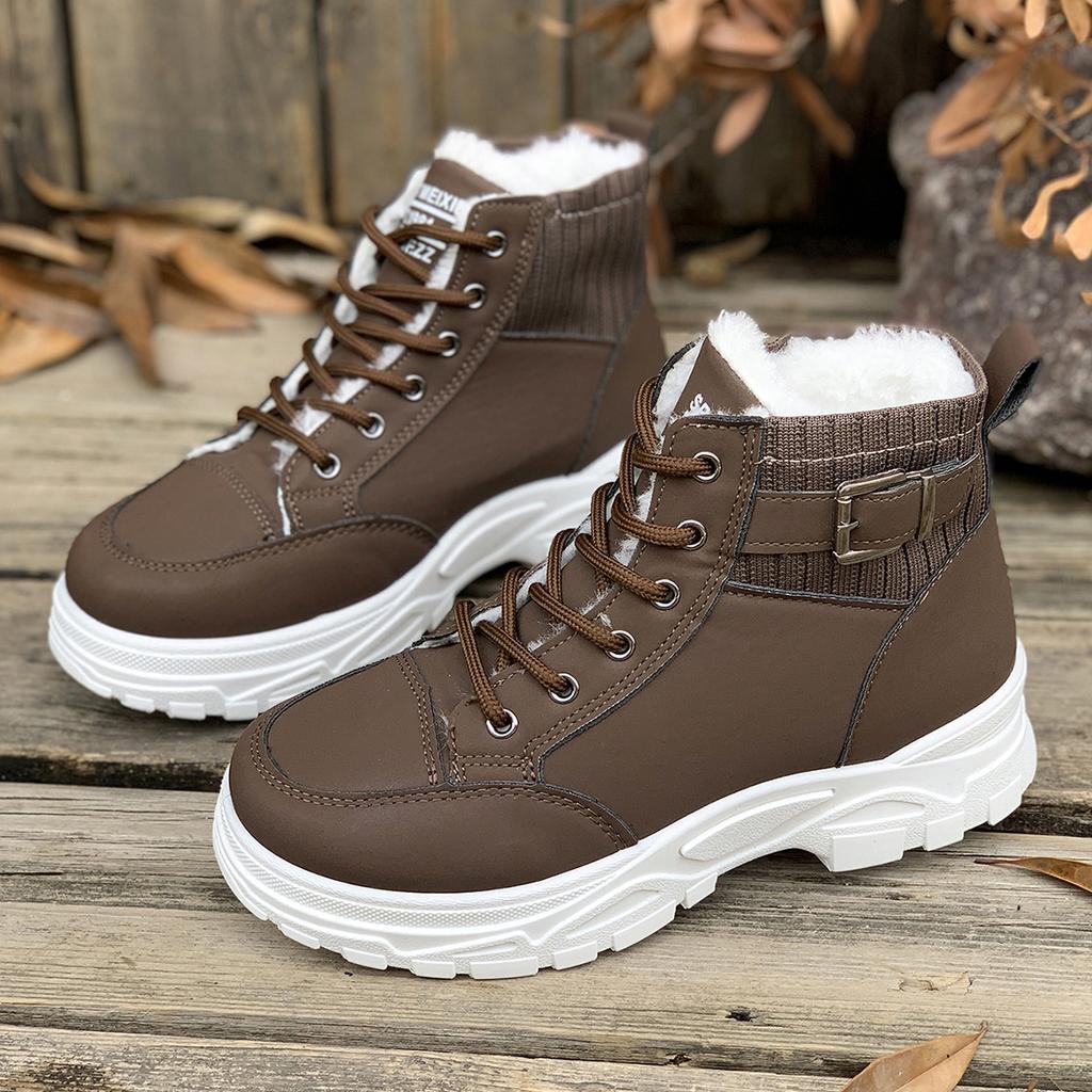 Fashion Fashion Women Warm Boots Mid Heels Shoes Winter Students Flat Boots Walking Pure Color Lace-up Boots Shoes Casual Sports Shoes