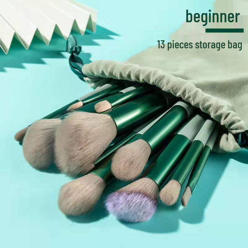 13-Piece Four-Season Green Makeup Brush Set: Soft Eyeshadow, Loose Powder, Blush, Concealer & Portable Brushes.