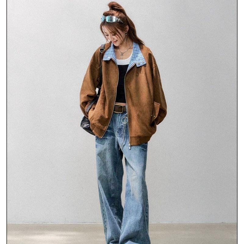 Autumn Loose Plaid  Patchwork Coat Womens Casual Baseball Jacket Stylish Outerwear