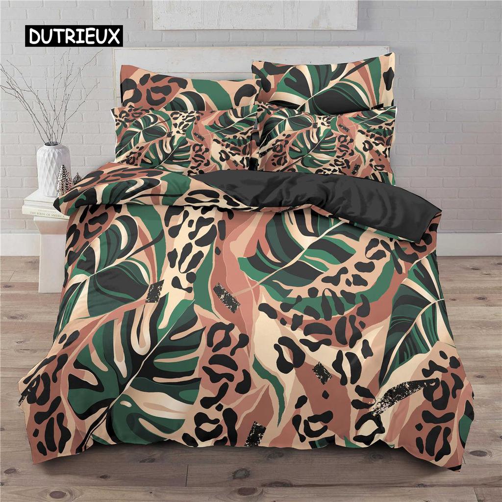 Leopard Print Duvet Cover Set Tropical Plant Flower Print Bedding Set Microfiber 2/3pcs Twin Double Queen King Size Quilt Cover