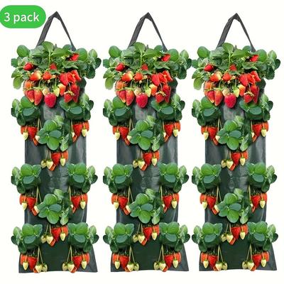 3 Bolsas Colgantes de 8 Agujeros para Plantar Fresas, Material PE Impermeable, Bolsas Colgantes Perforadas para Plantar, Multibolsillos para el Hogar