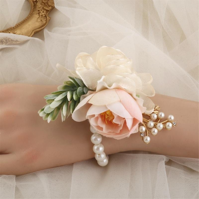 Elegante Corsage da Matrimonio Fiore da Polso Perle Per Sposa Damigella d'Onore Sposo Evento Formale Fiorato in Seta Bottoniera Accesso
