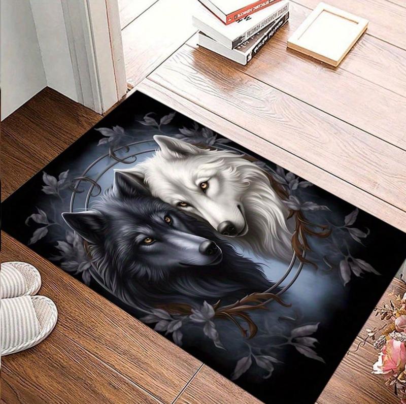 New Arrival Dazzling Bold Tribal Wolf Mat: Ethnic Headdress Decor Wolf Design Soft Non-Slip Rug for Entryway & Living Room