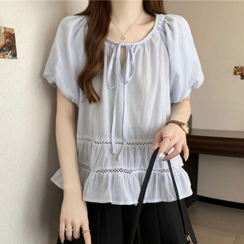 Navava Women Lovely Stripe Ribbon Neck Puff Short Sleeve Blouse Nb2639