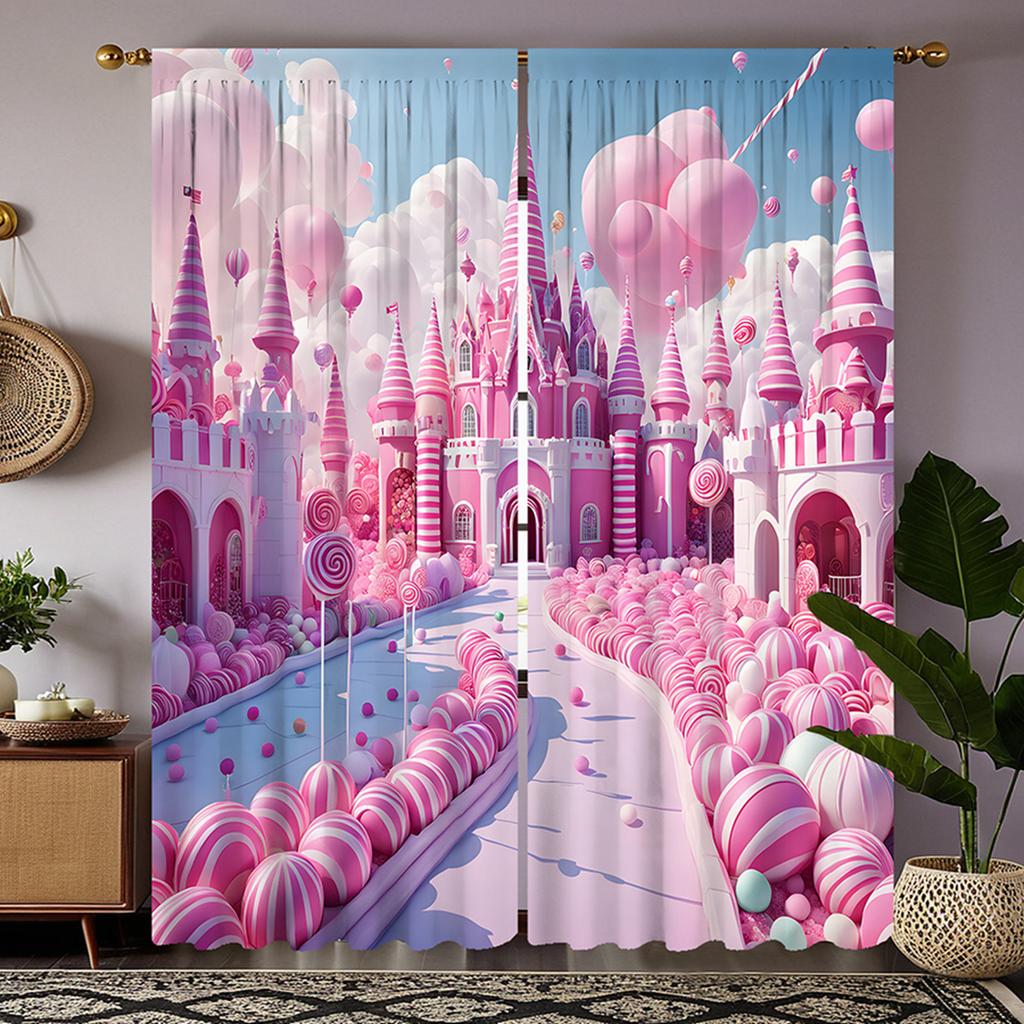 2pcs  Set HD Princess Style Disney Castle Pumpkin Decorative Curtain Pink Tie Digital Printed Curtain Home Decoration Style De