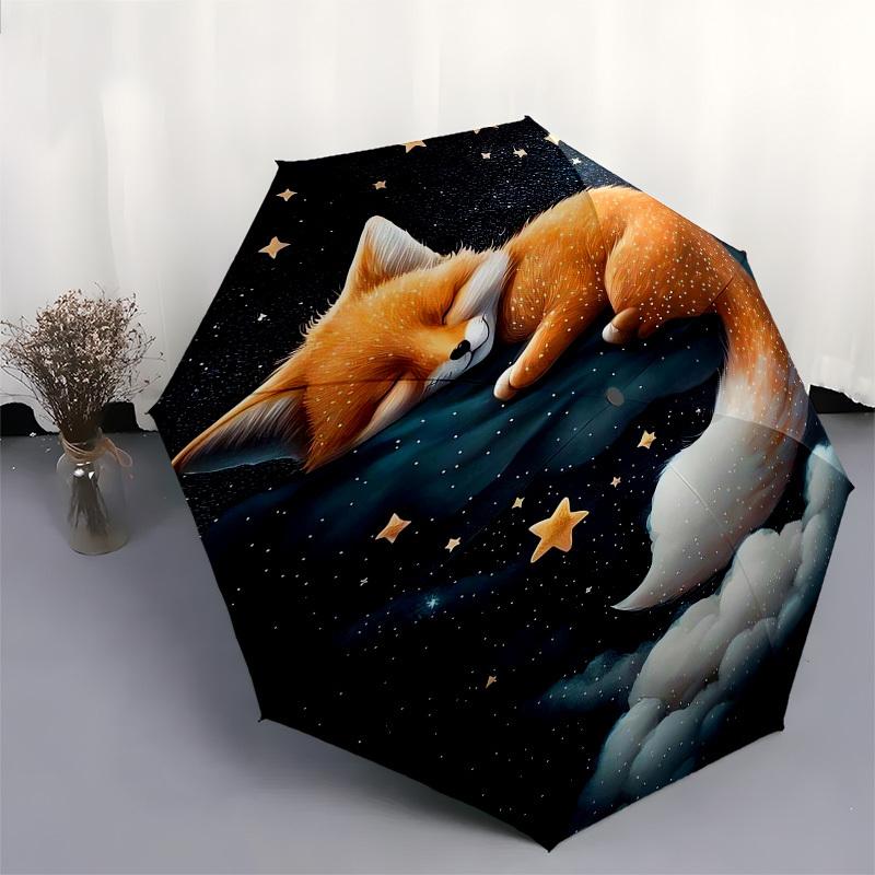 1pc Sleeping Fox In Starry Sky Umbrella with Plastic Handle,Vibrant Cartoon Pattern,Multi-functional UmbrellaPT225