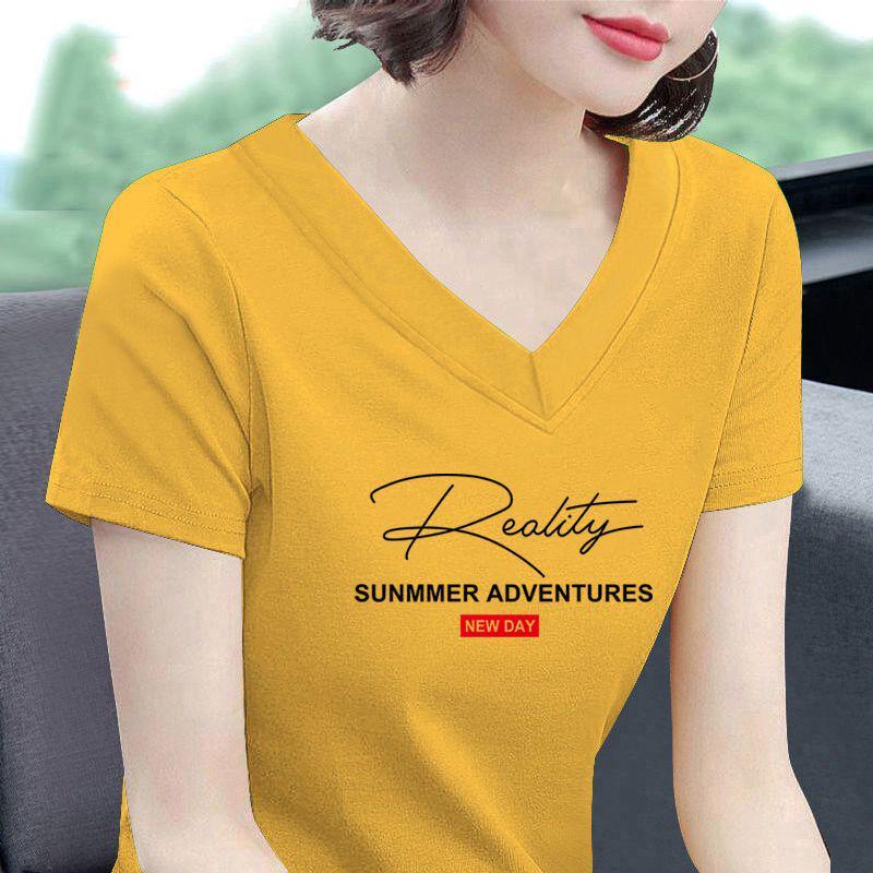 

Women s Summer 2025 Korean Style V-neck Cotton T-shirt with Slimming Print - Short Sleeve, Loose Fit, Plus Size 3XL [130-140 lbs]