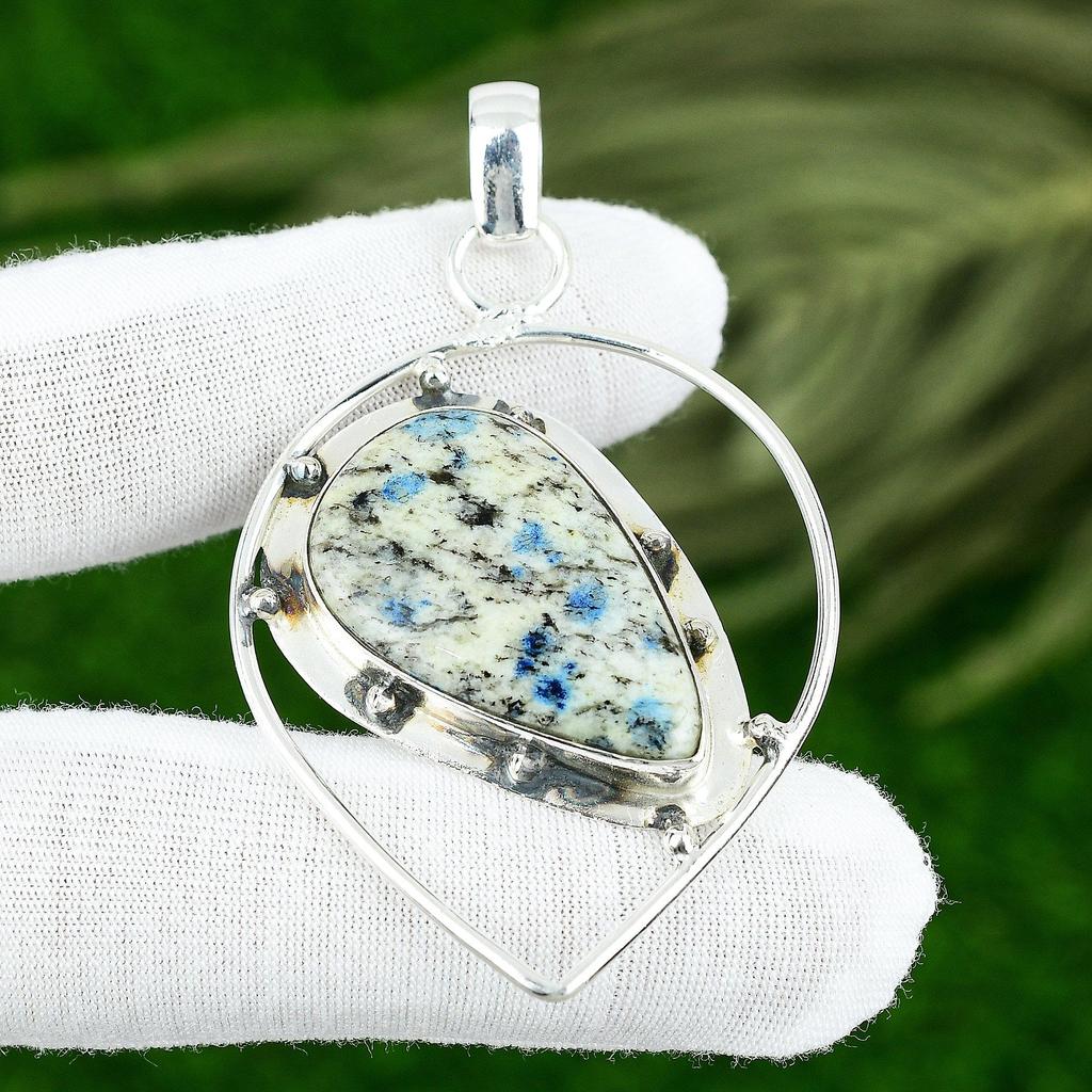 Sterling Silver Natural K2 Jasper Wedding Wife Bezel Art Deco Elegant Pendant