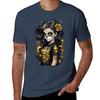 Sugar Skull Girl with Black Hair and a Single Gold Rose TShirt Soft Casual Short Sleeve Cotton Tee