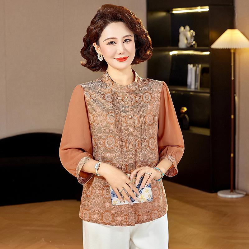 Elegant Chinese-Style Summer T-shirt for Young Mothers and Elderly Women
