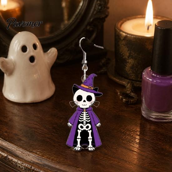 Hypoallergenic Silver Hooks 1 Pair Halloween Skeleton Cat Drop Dangle Earrings for Women, Cute Acrylic Witch Hat Skull Hoop Earring, Theme Jewelry