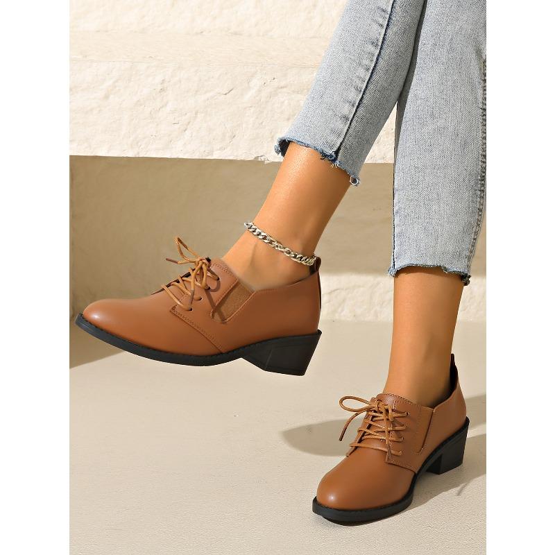 Fall 2025 New Thick-heeled Low-top Single Shoes Women's Plus-size Lace-up Retro Leather Shoes