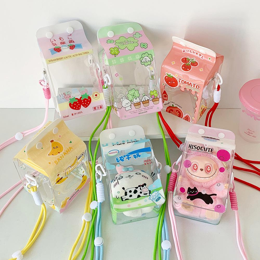 Cartoon Milk Carton Transparent Doll Stroller Bag - Cute Plush Cotton Display Storage