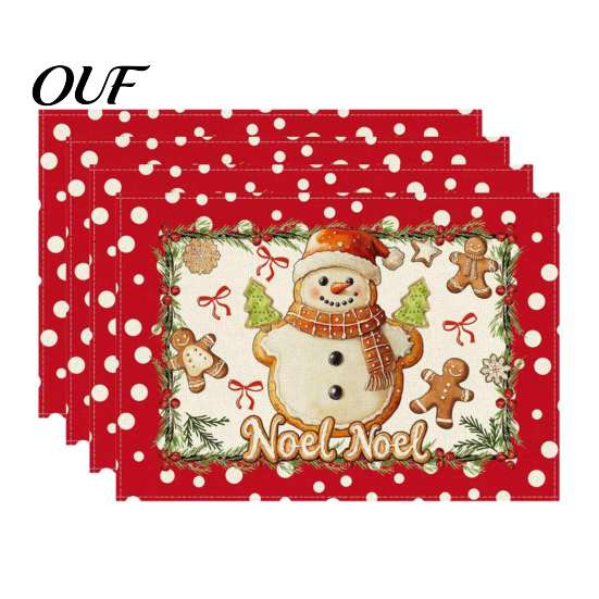 Dining Table Mat 4Pcs Christmas Linen Placemat Set, Cartoon Snowman Gingerbread Gnome Durable Mats Mat, Heat Resistant Place for Holiday Party
