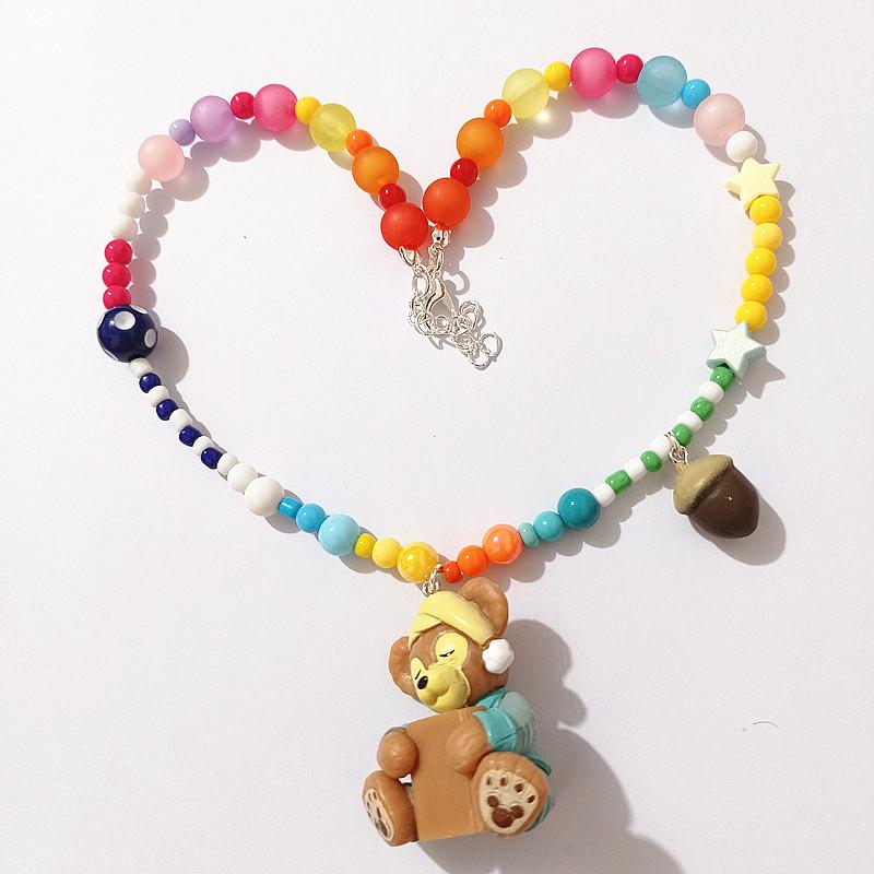 Colorful Cartoon Beaded Choker Necklace for Children Featuring Duffy Bear, ShellieMay, and StellaLou with Painter Hat.