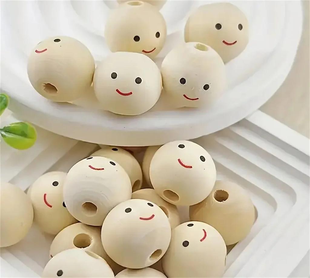CH02 20Pcs Cute Expression Fun DIY Beaded Charm Bracelet Handmade Round Beads Wooden Crafts Jewelry Beads Accessories Material