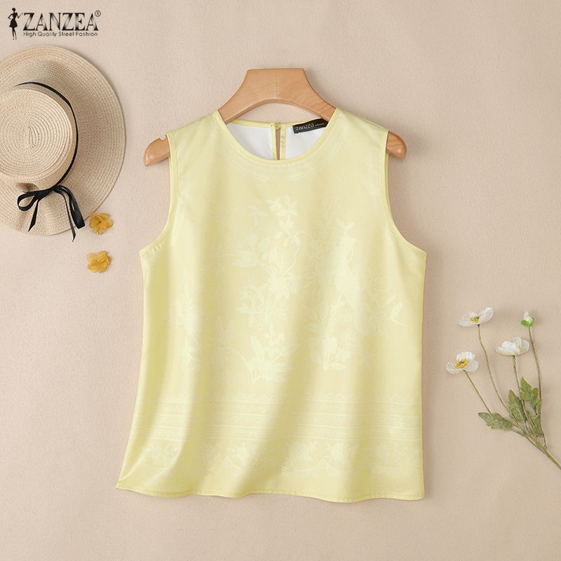 ZANZEA Women Print Casual Round Neck Loose Sleeveless Tank Tops