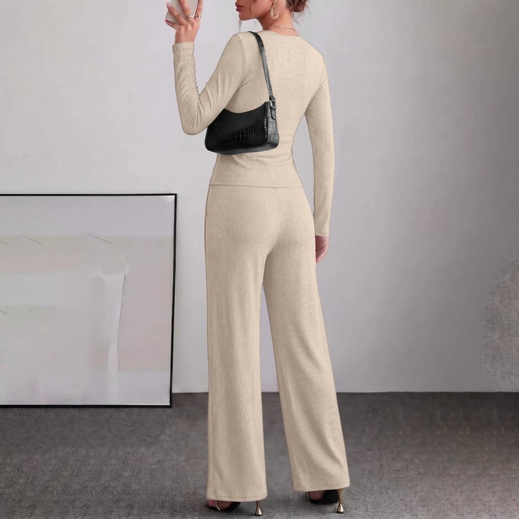 Women's Two Piece Outfit Long Sleeve V-Neck Button Top with Wide Leg Pants and Chest Buttons
