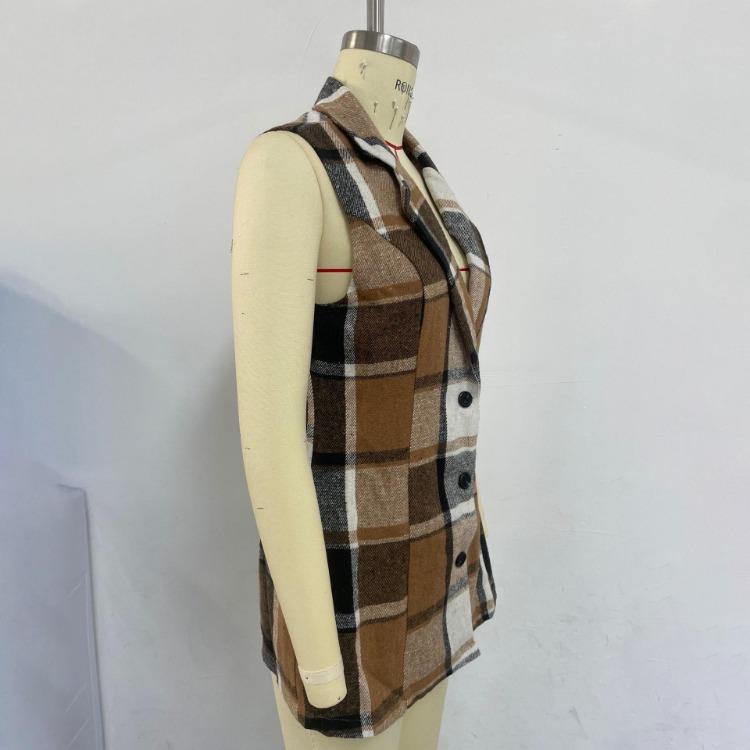 Women Checked Vest Sleeveless Single Breasted Cardigan Turn Down Collar Sizes S-XL Spring Autumn
