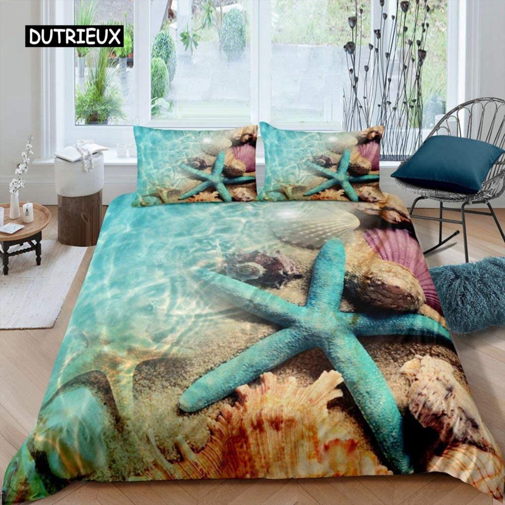 Starfish Duvet Cover Set Summer Beach Seashell Starfish Twin Bedding Set Polyester Hawaiian Tropical Nature Sea King Quilt Cover
