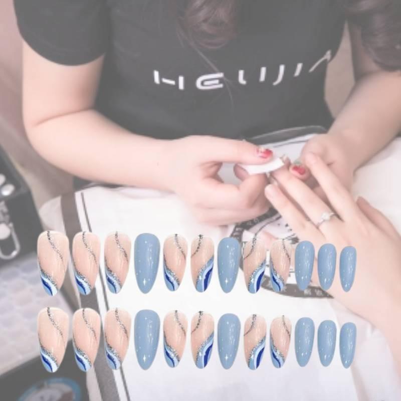Almond-shaped Simple Wave Blue White French Spring And Summer New Product Fresh And Pure Wearable Nail Art Piece W12