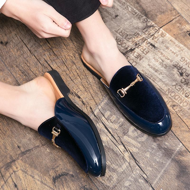 New Men's Bule Black Half Slippers Driving Shoes Male Suede Mixed Casual Mules Moccasins Breathable Loafers Zapatos Hombre