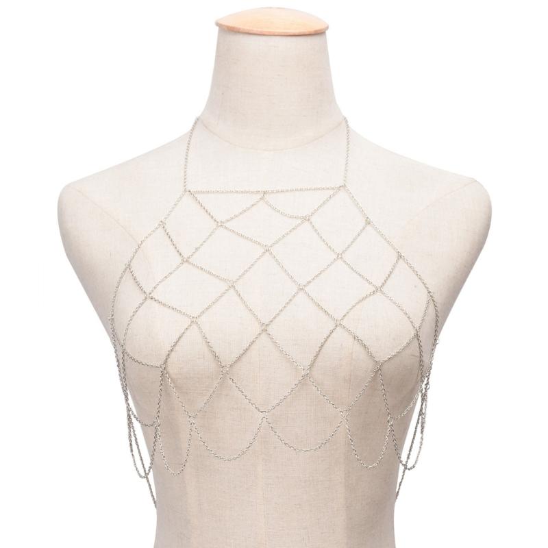 Mesh Body Chain Handmade Chest Chain Sexy Beach Bikini Bra Chain Harness Belt Body Accessories for Women and Girls