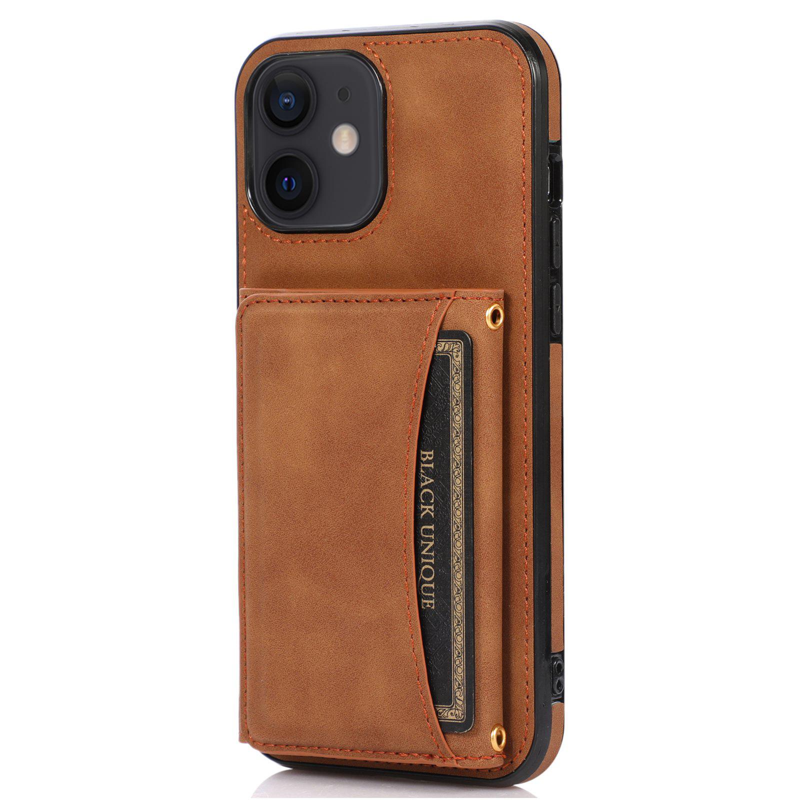 

For iPhone 12 mini 5.4 inch Case Magnetic Button Tri-fold Wallet Kickstand PU Leather Coated TPU Cover Brown