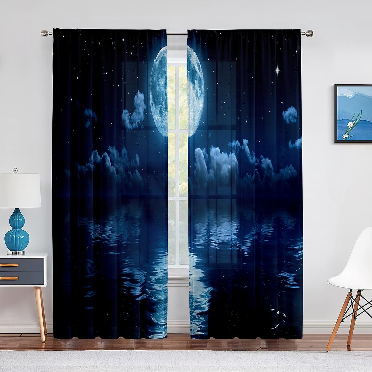 

Прозрачные занавески с изображением звездного неба, метеора и луны для гостиной, спальни, дома, кухни, шифоновые тюлевые шторы, декор для окон 1 PCS W100XH250cm&Grommet Top