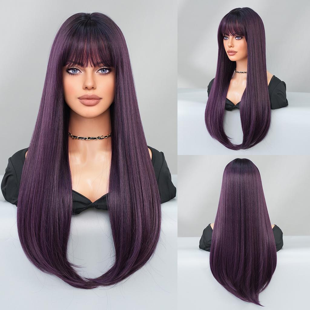 Europäischer und Amerikanischer Stil Damen Lang Gerade Mokka Braun Perücke mit Geradem Pony Mode Geschichtet Nach Innen Gekräuselt Voll Perücke