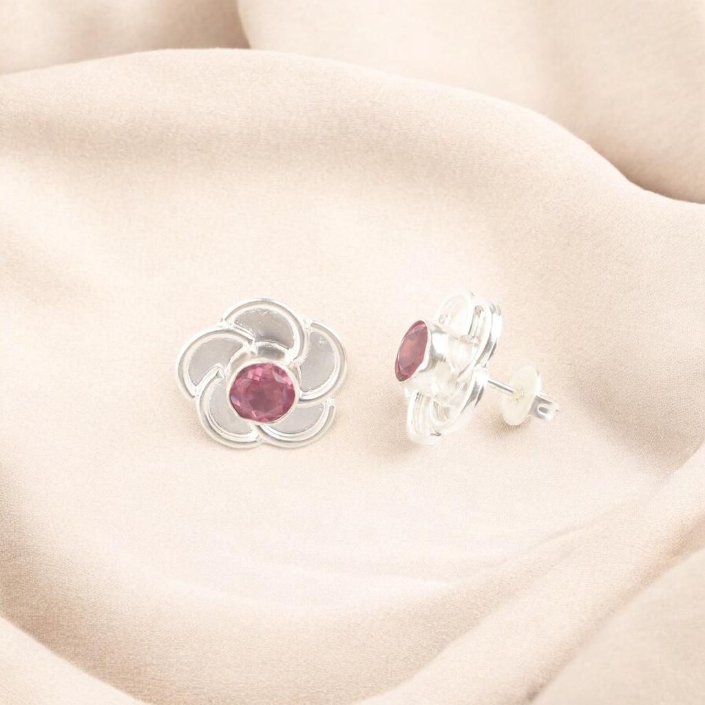 Natural Pink Tourmaline 925 Solid Silver Unique Boho Jewelry Stud Earrings 0.5" EE-157-13