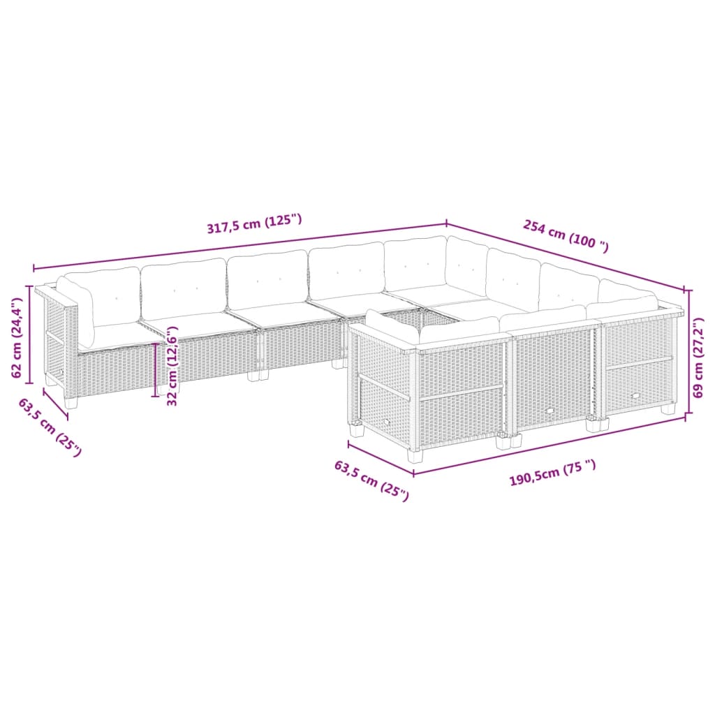 Vidaxl 10-Cz. Set di Mobili da Giardino con Cuscini, Beige, Polyrattan