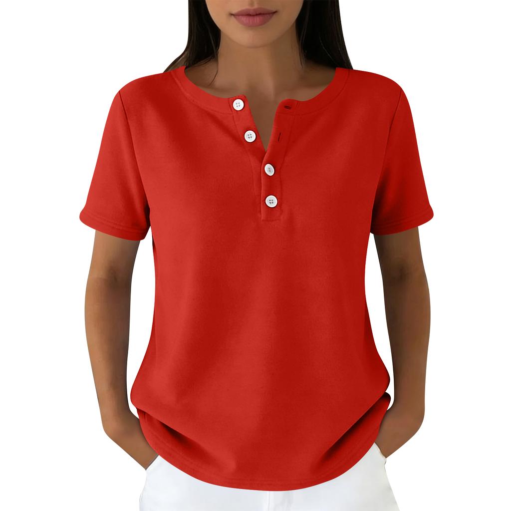Lässiges Damen-T-Shirt in verschiedenen Farben, V-Ausschnitt, kurzen Ärmeln und Zierknöpfen.