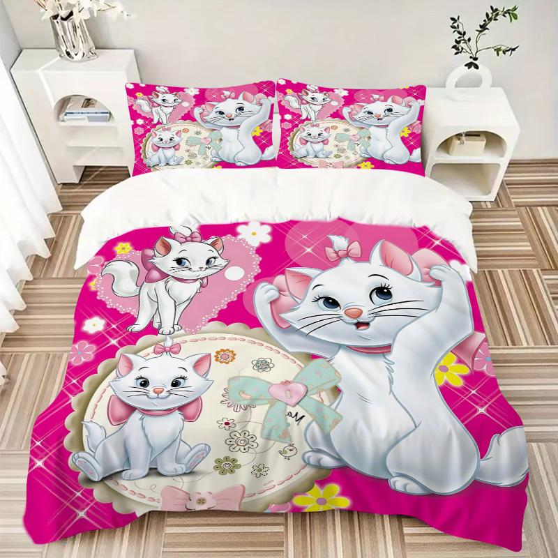 Pink Floral Cats Print 3Pcs Bedding Setduvet Cover With 2 Bedropillowcase Home Birthday Gift