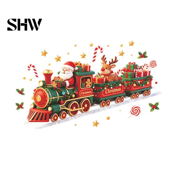 Christmas Window Clings Train Wall Sticker, Santa Claus Reindeer Decals, Self Adhesive Xmas Party Decor Murals, Removable PVC Art for Home Living Room