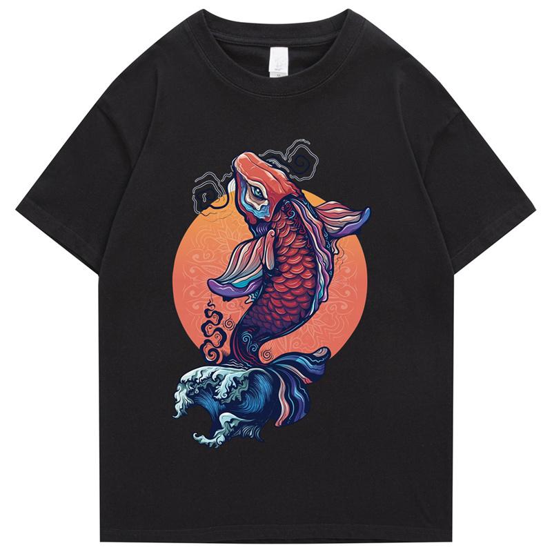 Unisexs T Shirt 2026 Streetwear Japanese Harajuku Tshirt Koi Fish Wave Printed Hip Hop Tshirt Short Sleeve Summer Cotton Tops Tees