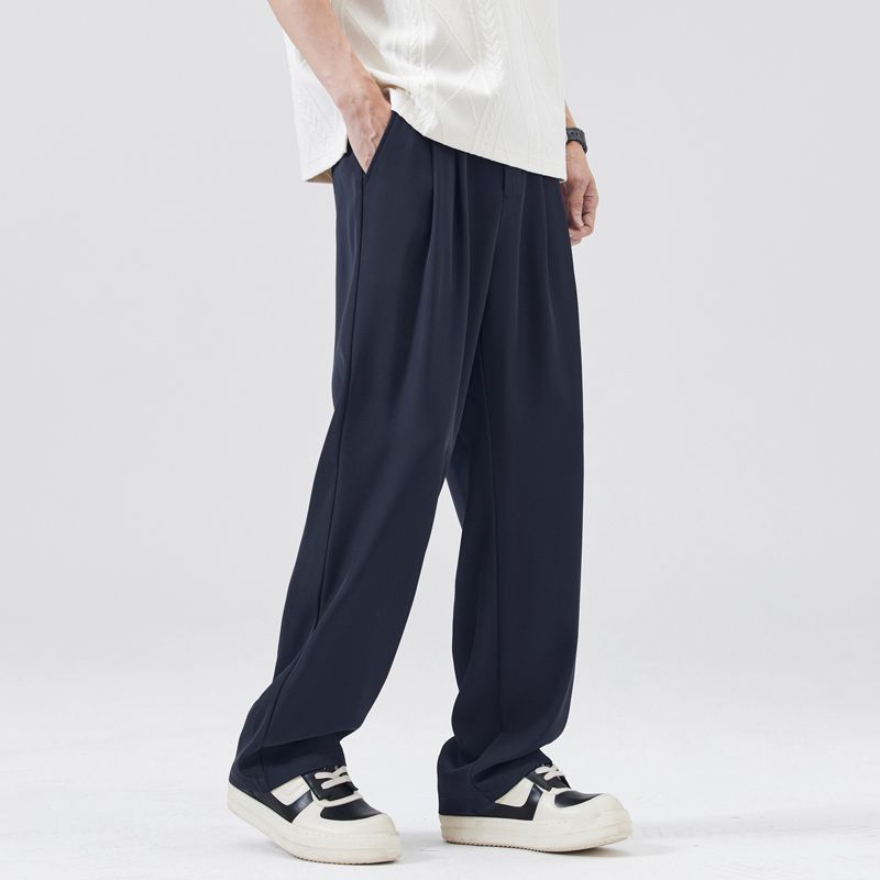 Summer New Wide-leg Drape Double-pleated Small Trousers Men's Daily Commuting Loose Straight Casual Long Pants