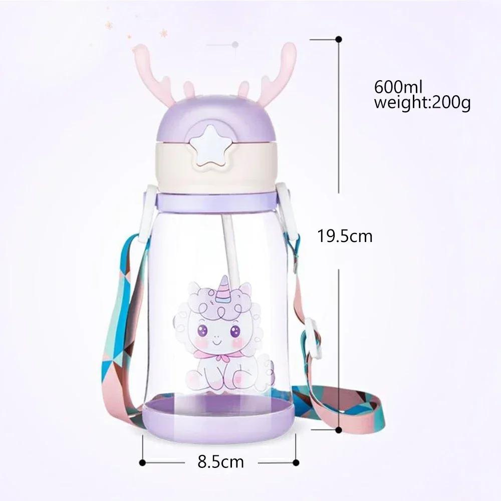 600ml/20oz Children's Straw Cup Deer Antler Creative Leak-proof Water Bottle with Straw Suitable for Campus Boys/Girls BPA Free